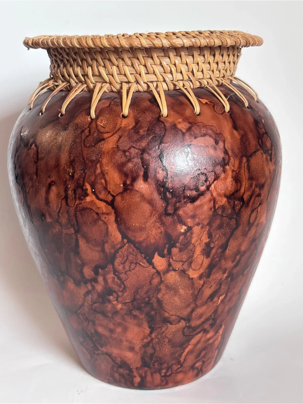 Indonesian Vase Terracotta & Woven Rattan Lombok 9” x 7